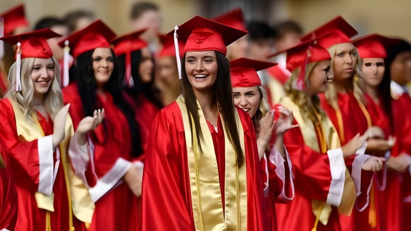 Eine Gruppe von Absolventen der Westmount High School feiert in roten und goldenen Talaren ihren Abschluss.