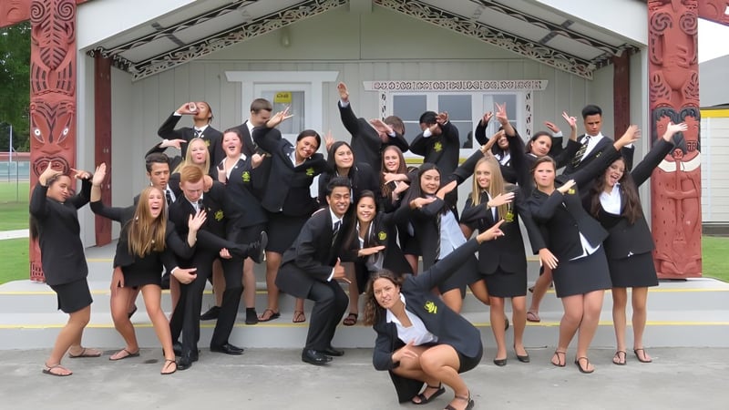 Eine Gruppe von Absolventen der Whakatane High School feiert vor einem traditionellen Maori Versammlungshaus mit Schnitzereien.