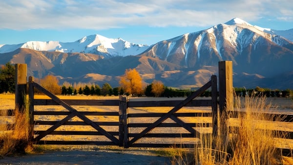 Ein rustikales Holztor führt zu einem weiten goldenen Feld mit schneebedeckten Bergen im Hintergrund auf dem Gelände der Whanganui Collegiate School.