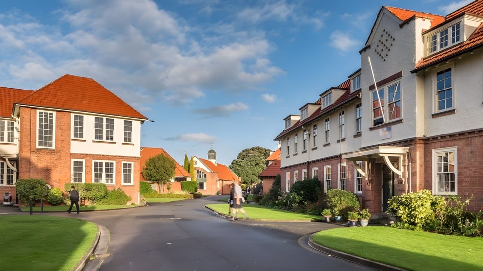 Ein Gebäude der Whanganui Collegiate School an einer malerischen Straße mit viel Grün und blauem Himmel.