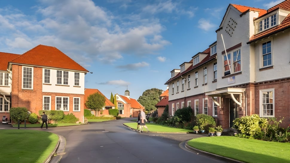 Eine malerische Straße mit Backsteingebäuden und viel Grün vor dem Hintergrund des blauen Himmels auf dem Gelände der Whanganui Collegiate School.