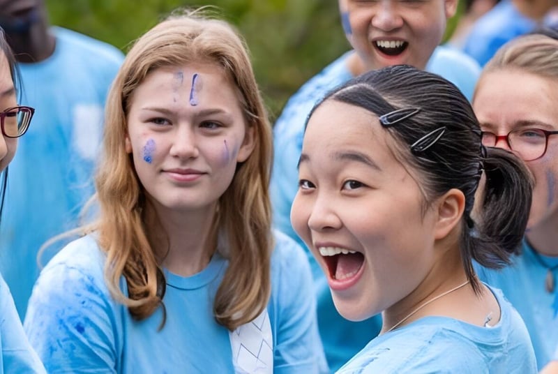 Eine Gruppe Schüler der White Mountain School zeigt emotionale Ausdrücke mit offenen Mündern vor einem natürlichen Hintergrund.