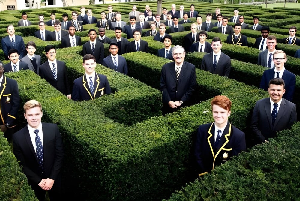 Eine Gruppe von Personen in formeller Kleidung steht zwischen akkurat geschnittenen Hecken auf dem Gelände der Whitgift School.