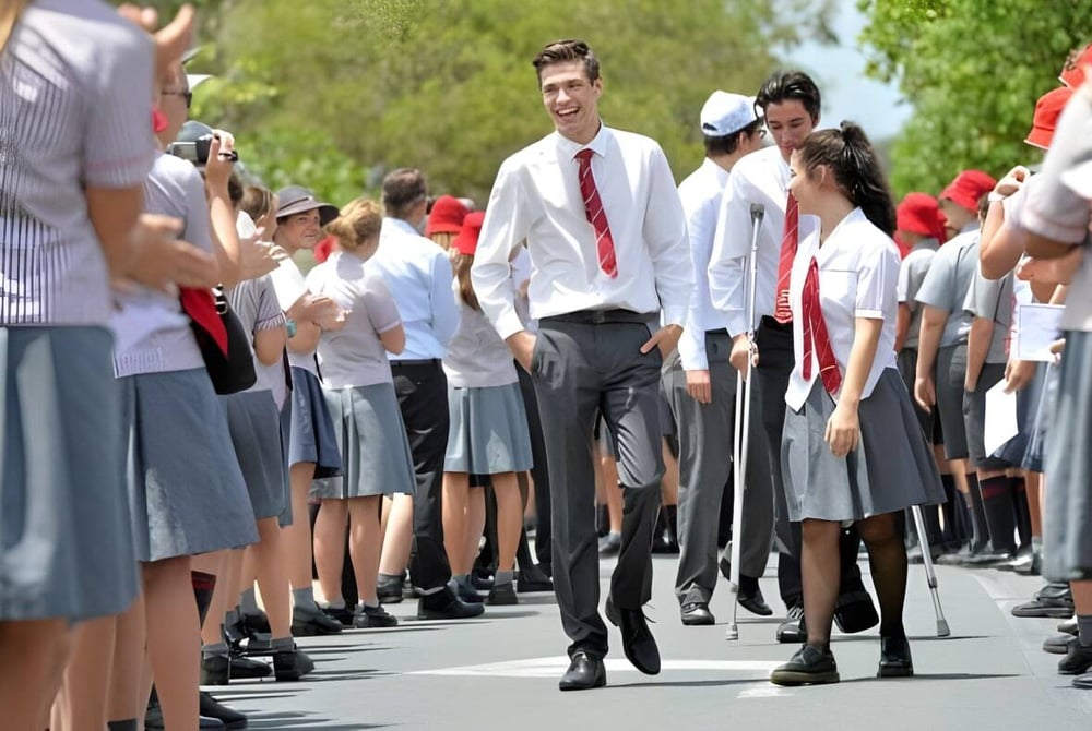 Eine Gruppe von Schülern der Whitsunday Anglican School in formeller Kleidung geht bei einer Abschlussfeier einen von Zuschauern gesäumten Weg entlang.