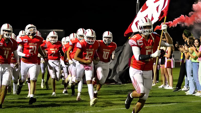 Fußballspieler der Whittier Christian High School rennen gemeinsam auf das Spielfeld während Cheerleader und Zuschauer im Hintergrund zu sehen sind.