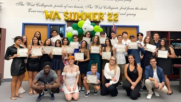 Eine Gruppe von Schülerinnen und Schülern der William Academy steht mit Zertifikaten vor einem Banner des Sommerfestes 2022.