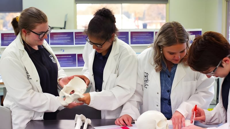 Schüler der Willunga High School untersuchen gemeinsam ein Experiment im Schul-Labor.