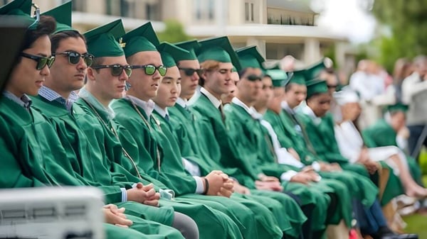 Eine Gruppe Absolventen der Winchendon School in grünen Gewändern und Hüten steht in einer Reihe vor unscharfem Hintergrund.