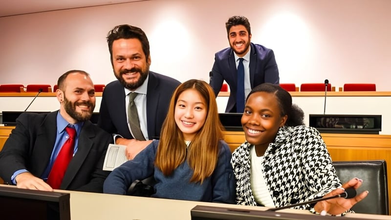 Eine Gruppe vielfältiger Schülerinnen und Schüler der Winchendon School in New York City sitzt gemeinsam in einem professionellen Besprechungsraum.