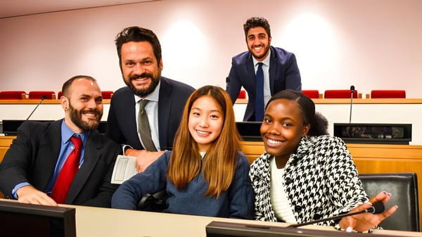 Eine Gruppe von Fachkräften sitzt im Konferenzraum der Winchendon School in New York City zusammen.