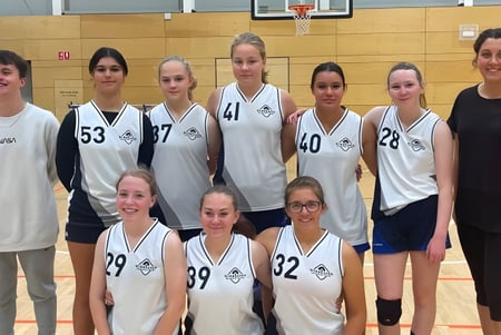 Eine Gruppe junger Basketballspielerinnen posiert gemeinsam in der Sporthalle der Wirreanda Secondary School vor einem Basketballkorb.