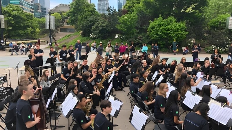 Musizierende Schülerinnen und Schüler der W.J. Mouat Secondary School treten im Freien in einem Park auf.