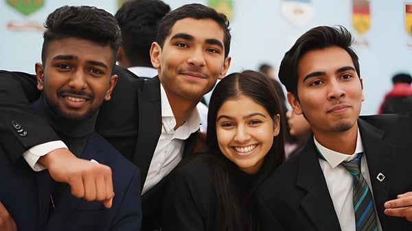 Eine Gruppe von Schülerinnen und Schülern des Woburn Collegiate Institute posiert in formeller Kleidung vor einem bunten Hintergrund.