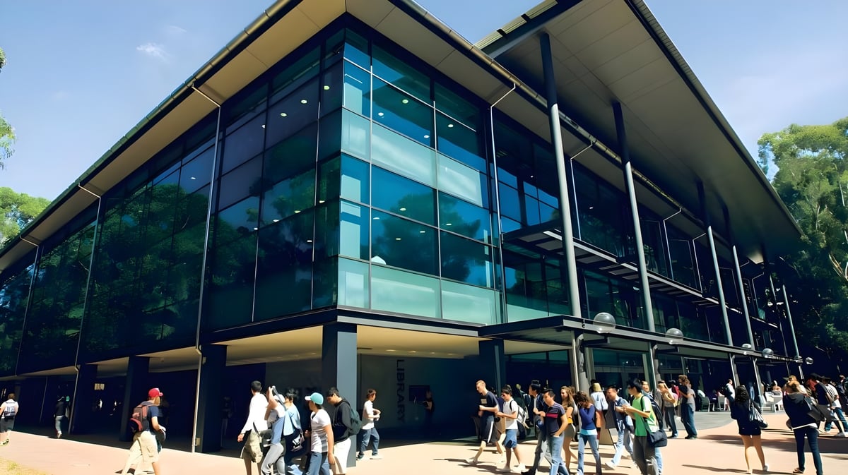 Das moderne Glasgebäude der Wollongong University mit einer Menschenmenge davor, umgeben von Bäumen und Grünflächen.