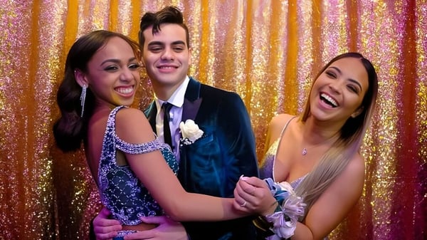 Drei Personen posieren gemeinsam vor einem goldenen Hintergrund auf dem Campus der Woodbridge School.