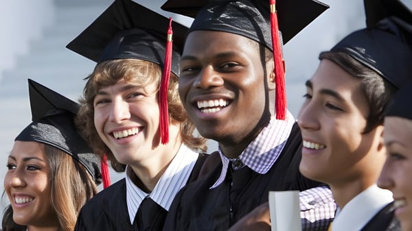 Eine Gruppe von Absolventen in akademischer Kleidung feiert ihren Abschluss an der Woodroffe High School.