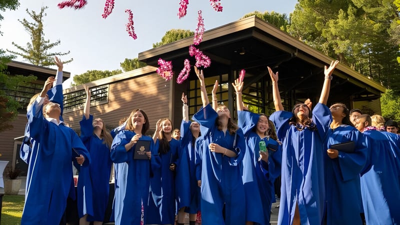 Eine Gruppe von Absolventinnen und Absolventen der Woodside Priory School steht in blauen Talaren vor einem Holzbauten mit hängenden rosa Blumen.