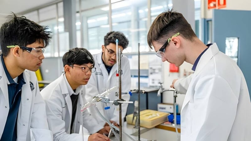 Schüler der Woodville High School führen gemeinsam ein Experiment im Labor mit großen Fenstern durch.