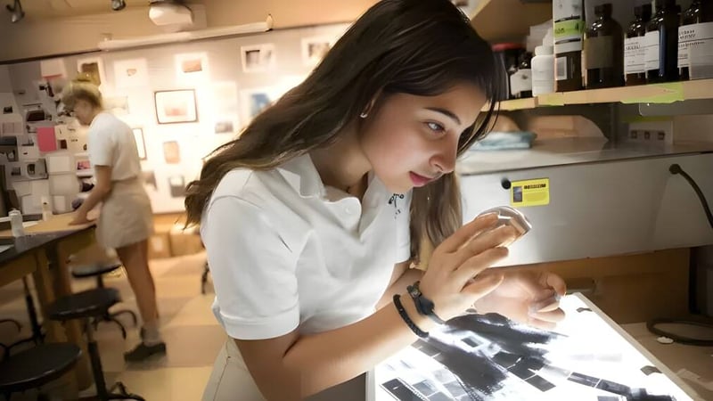 Eine Schülerin der Woodward Academy steht mit einem Tablet in einem Café und konzentriert sich auf das Gerät.
