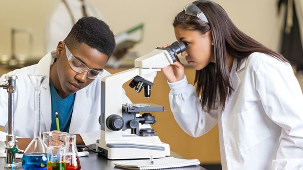 Zwei Schülerinnen und Schüler von Worksop College untersuchen im Labor etwas mit einem Mikroskop.
