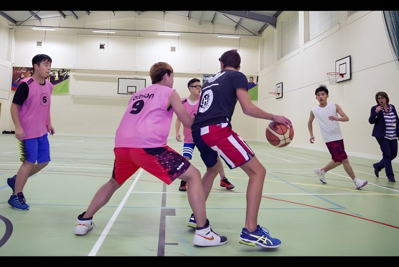 Schüler der Worthgate School Canterbury spielen Basketball in der Sporthalle.