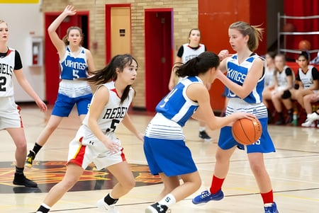 Eine Gruppe junger Basketballspielerinnen spielt ein Spiel auf dem Basketballfeld der W.R Myers High School.