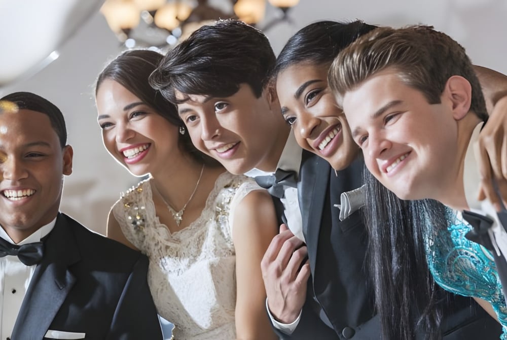 Eine Gruppe von Menschen in formeller Kleidung posiert bei einer Feier am Wycliffe College.