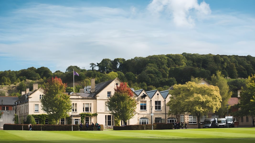 Das historische Hauptgebäude des Wycliffe College ist von einem gepflegten Rasen und einer bewaldeten Landschaft umgeben.