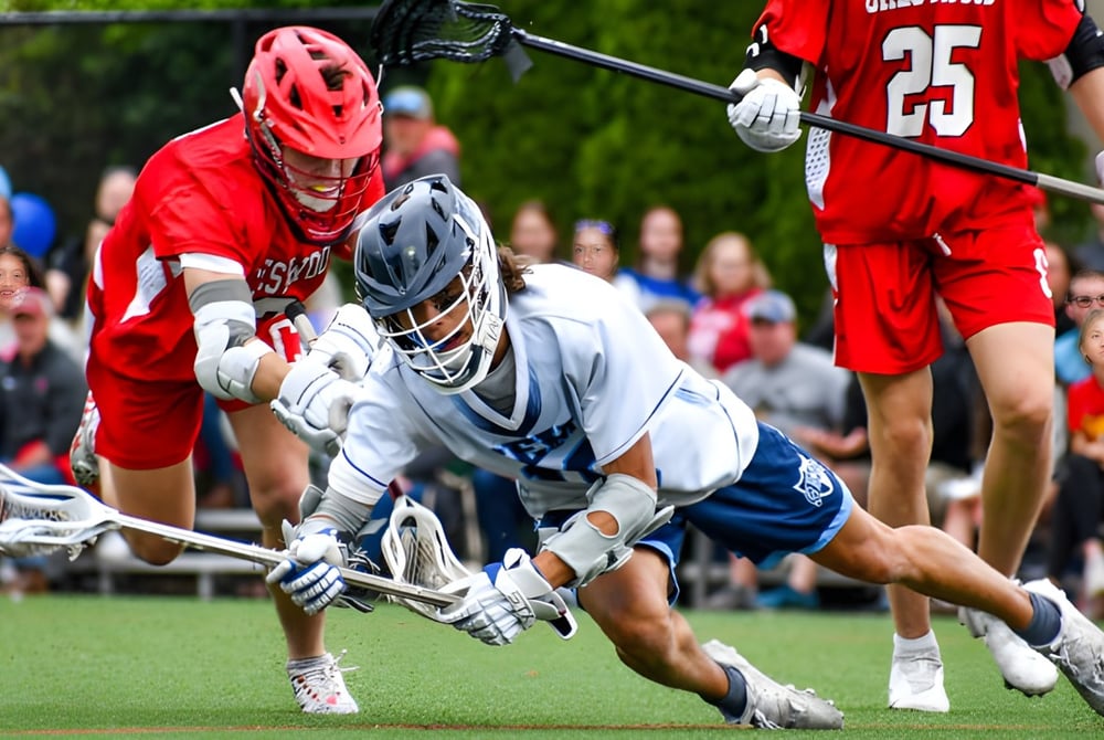 Zwei Spielerinnen in Rot-Weiß spielen Lacrosse auf dem Feld der Wyoming Seminary College Preparatory mit Zuschauern im Hintergrund.