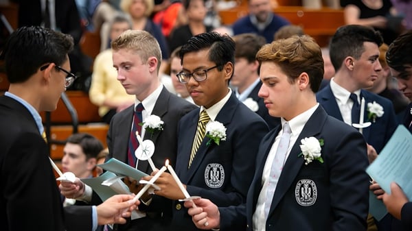 Eine Gruppe Schüler der Xavier High School steht in formeller Kleidung bei einer akademischen Veranstaltung mit Publikum im Hintergrund.