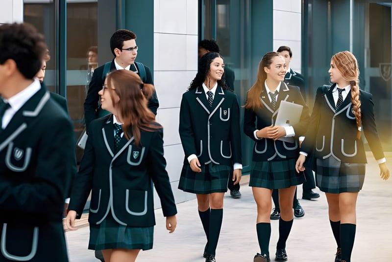 Eine Gruppe Schüler der Yago School geht gemeinsam auf dem Schulcampus mit modernem Gebäude im Hintergrund.