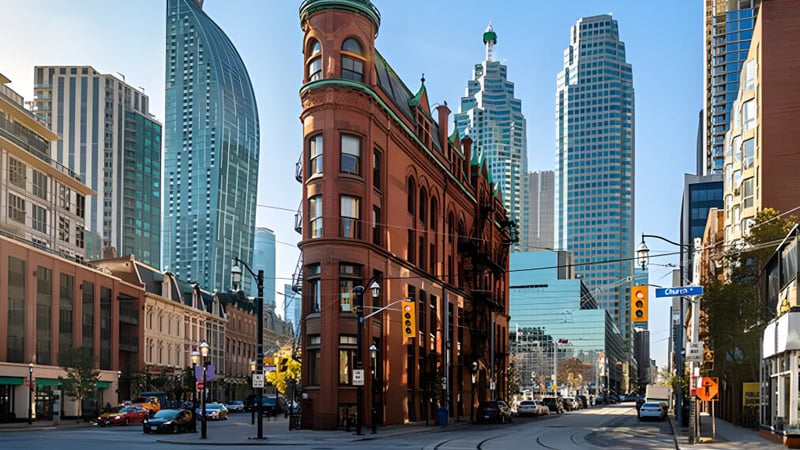 Das rote Backsteingebäude des York Mills Collegiate Institute steht im Vordergrund vor modernen Wolkenkratzern.