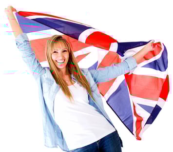 British woman holding the Jack Union flag - isolated over white-1