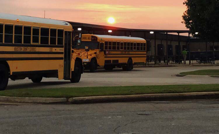 Die Sonne geht hinter zwei gelben, typisch amerikanischen Schulbussen unter.
