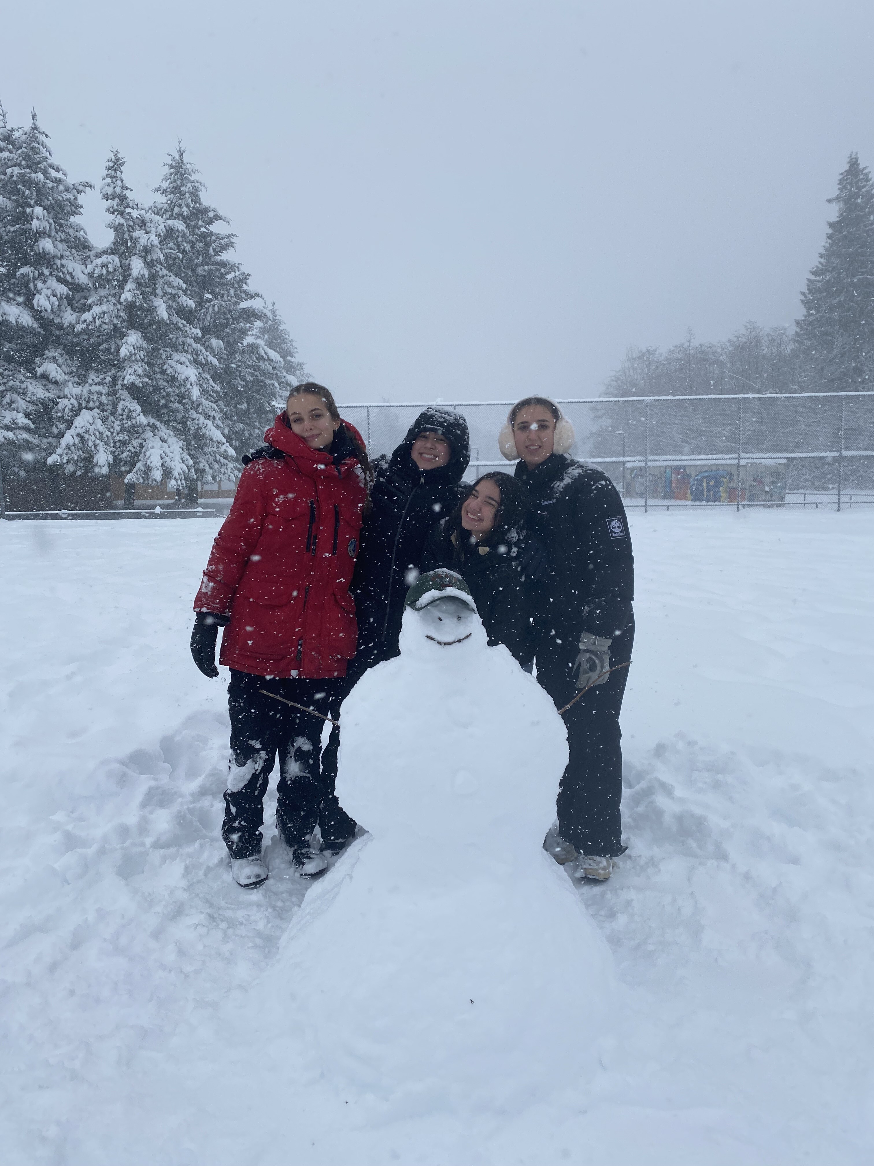 Menschen im Schnee und Schneemann